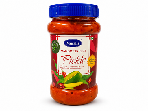 A jar of Muralis Mango Thokku Pickle with a blue screw cap and a red and white label, set against a plain white background.