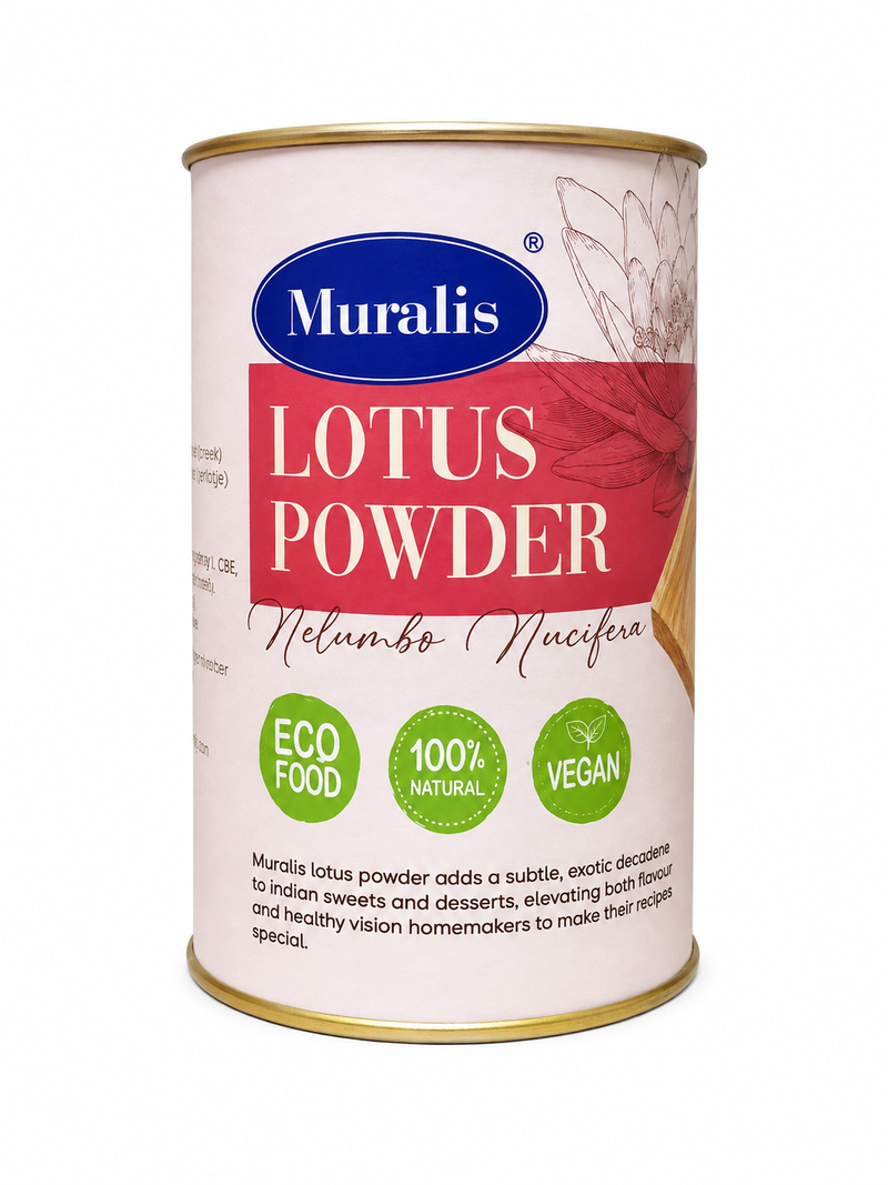 A cylindrical metal can of Muralis Lotus Powder (Nelumbo Nucifera) on a plain white background. The can features a light pink label with a prominent red banner, green badges, and gold-colored metallic rims at the top and bottom.