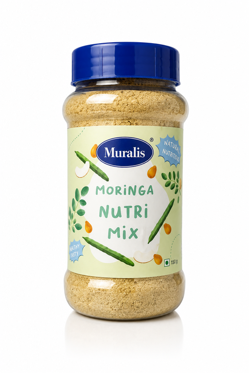 A jar of Muralis Moringa Nutri Mix on a white background. The product is in a clear plastic jar showing the light brown powder inside, with a light green label and a dark blue screw cap.