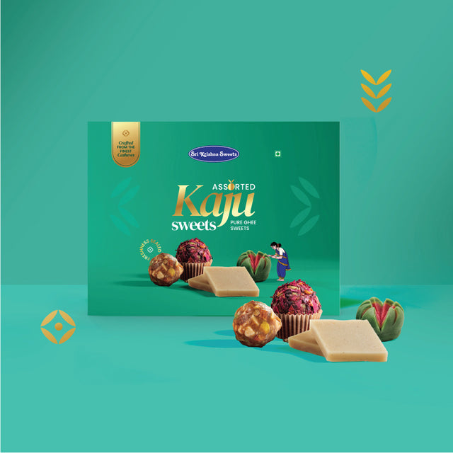 A box of Kajlu Sweets displayed on a teal background with several sweets arranged in front of the package.