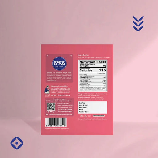 The back of a pink SKS , displaying the ingredients, nutrition facts, and barcode, set against a solid pink background with subtle blue geometric accents.