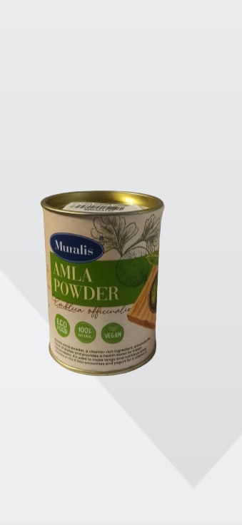 Amla Powder can with green botanical label featuring Indian gooseberry design