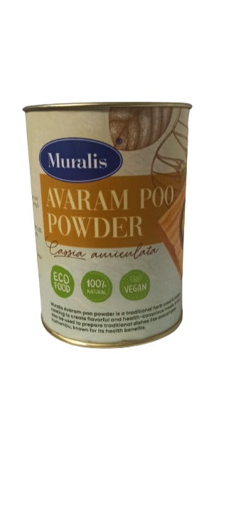Avaram Poo Powder can with brown botanical label and natural product design