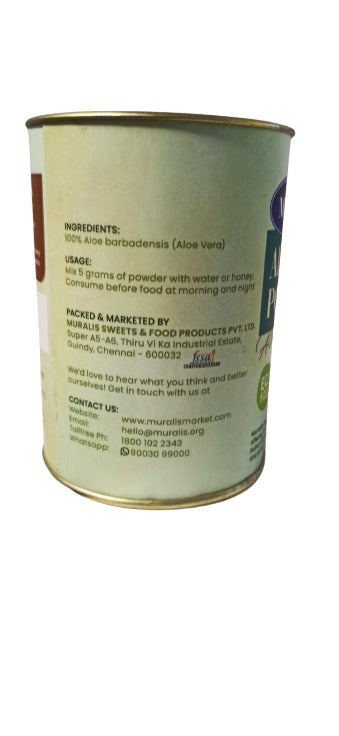 Back label of Aloe Vera Powder can showing ingredients usage and product information
