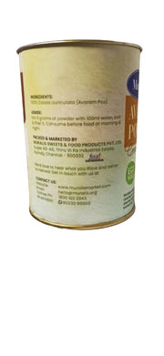 Back label of Avaram Poo Powder can showing ingredients usage and product information
