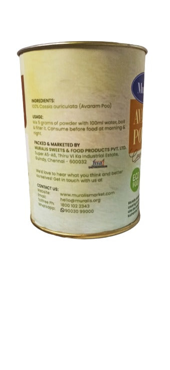 Back label of Avaram Poo Powder can showing ingredients usage and product information