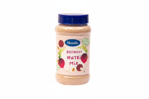 Beetroot Nutri Mix jar with beetroot illustrations and smooth powdered mix visible inside