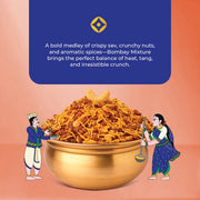 A promotional food graphic showing a large golden bowl filled with Bombay Mixture snack mix, with illustrated figures on both sides and a blue text panel at the top on a peach background.