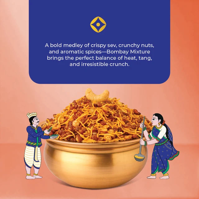 A promotional food graphic showing a large golden bowl filled with Bombay Mixture snack mix, with illustrated figures on both sides and a blue text panel at the top on a peach background.