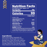 A blue nutrition facts label mockup with a white Nutrition Facts panel, ingredient list, and a stylized illustration of a woman in traditional Indian clothing on a yellow pedestal at the bottom right.