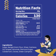A blue Nutrition Facts label mockup on a dark blue background with a white nutrition panel, ingredient list text at the bottom left, gold decorative arrows at top left, and a cartoon woman sitting on a yellow star at bottom right.