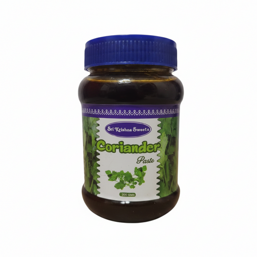 A jar of Coriander Leaf Thokku with a blue lid, labelled with the product name and brand.