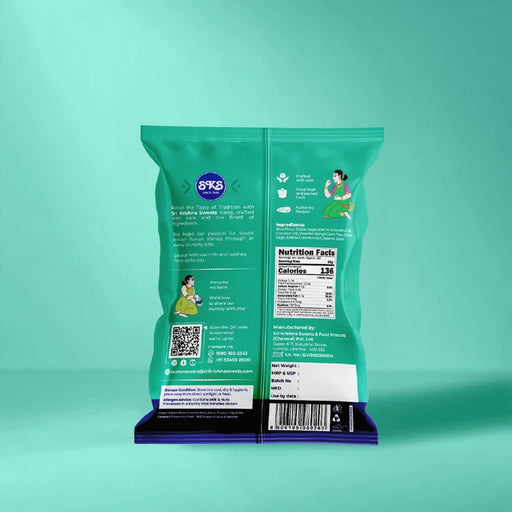  The packaging displays product details, a nutrition facts label, a QR code, and cartoon illustrations.