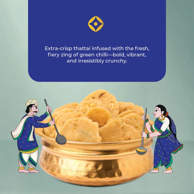 A promotional graphic for Indian snack crackers. The center shows a large golden bowl filled with round, golden-brown crunchy crackers.