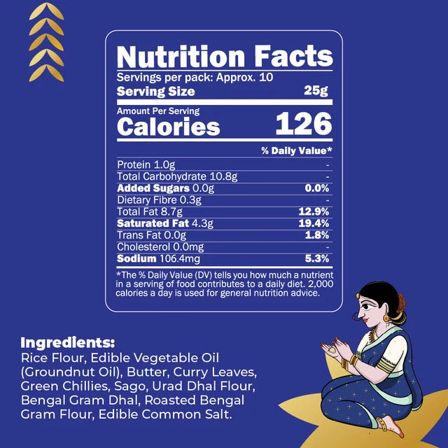 A blue nutrition facts label design with a white Nutrition Facts box, serving size 25g, 126 calories, and a list of ingredients including rice flour, edible vegetable oil, butter, curry leaves, green chilies, sago, urad dal flour, bengal gram dhal, roasted bengal gram flour, and edible common salt. A seated woman illustration appears in the bottom right corner.