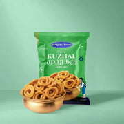 A green bag of Sri Krishna Sweets Classic Kuzhal Murukku (deep-fried spirals) displayed in front of a gold bowl filled with the snack, set against a solid mint green background.