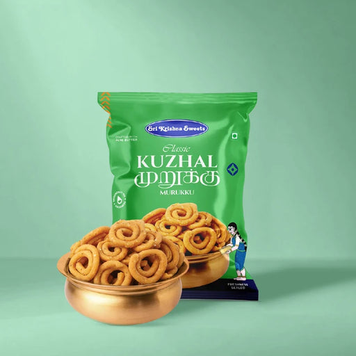 A green bag of Sri Krishna Sweets Classic Kuzhal Murukku (deep-fried spirals) displayed in front of a gold bowl filled with the snack, set against a solid mint green background.