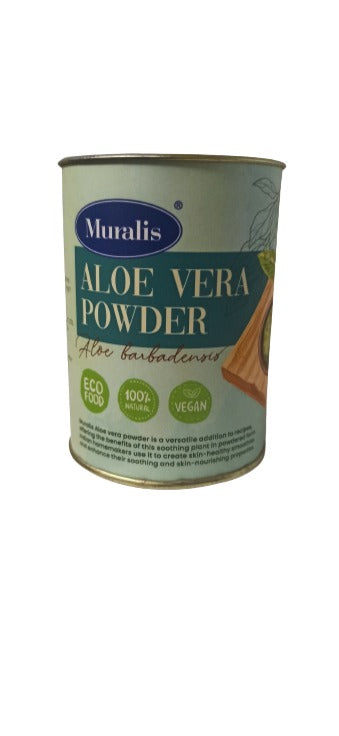 A can of Muralis Aloe Vera powder with branding and product information on the label.