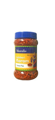 A jar of 'Kobbari Karam Podi (Coconut) 200Gm' with a blue lid, predominantly red label, and visible pieces of coconut. Muralis Andhra Kobbari Karam Coconut Podi 200g
