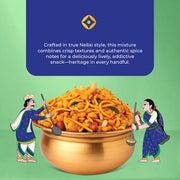 A promotional graphic for a snack mixture. A large copper-colored pot filled with orange-yellow crispy snack pieces sits on a light green background.