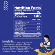 A blue Nutrition Facts label panel with white text showing serving size, calories, and nutrient breakdown for a packaged food product. Below the panel, ingredients are listed in text, and a small illustrated woman appears in the bottom-right corner.