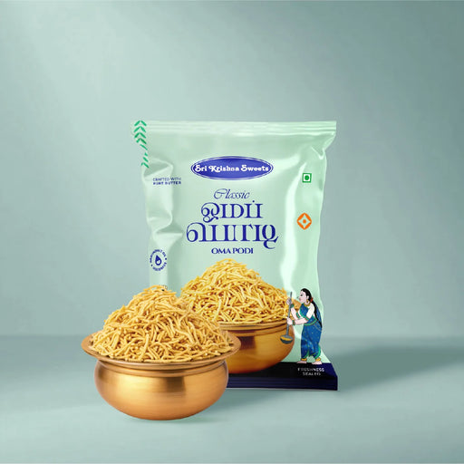 A bag displayed next to two copper bowls filled with golden fried snacks, set against a solid light gray background.
