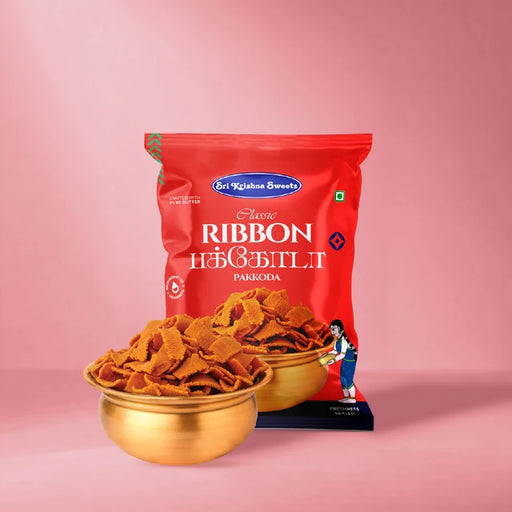 Ribbon Pakoda packet with crisp ribbon shaped South Indian savoury served in a brass bowl