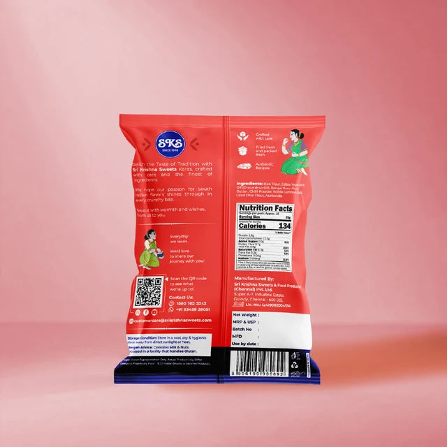 Back of Ribbon Pakoda packet showing ingredients nutrition facts and product information