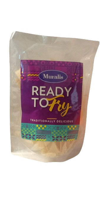 Ribbon Vadam ready to fry pieces in a transparent pouch with purple front label