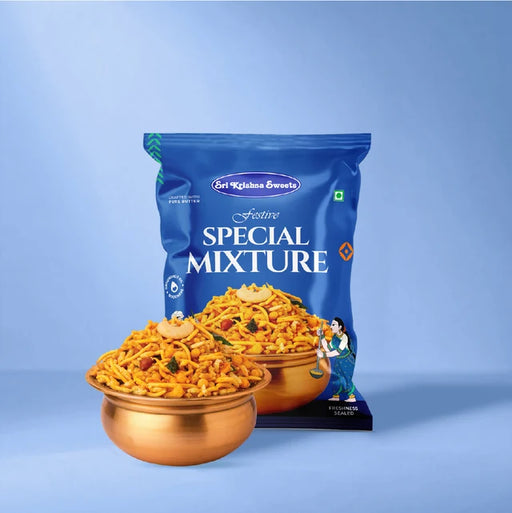 Special Mixture packet with crunchy savoury mixture nuts and fried ingredients served in a brass bowl