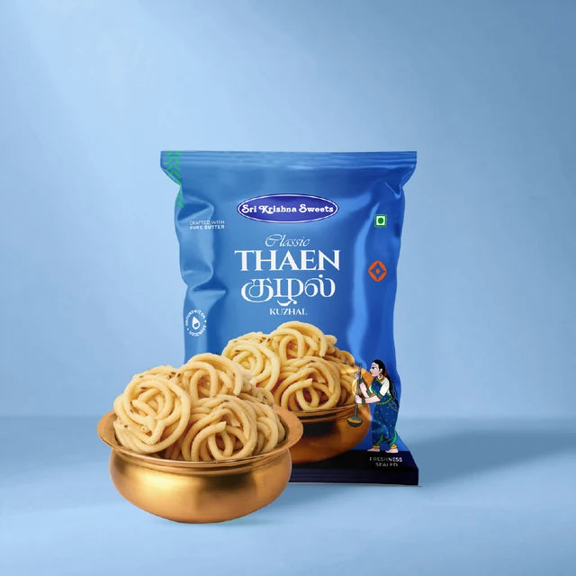Classic Thaen Kuzhal packet with spiral shaped savoury snack served in a brass bowl