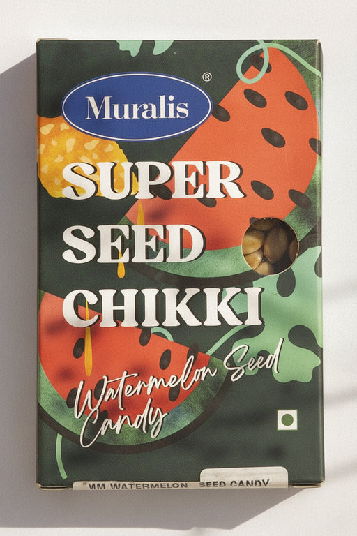 Watermelon Super Seed Chikki box with watermelon artwork and visible seed candy