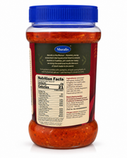 A jar of Muralis Red Fish Stew sauce with a blue lid and a beige nutrition label, shown on a white background.
