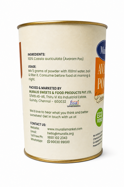 A cylindrical metal can of Muralis Avram Poo (Cassia auriculata) powder, showing the back label with ingredients, usage, and contact details, on a white background.