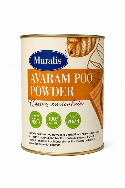 A canister of Muralis Avaram Poo Powder (Cassia auriculata) on a plain white background. The canister is cream-colored with a prominent orange label, a blue brand logo, and green badges indicating 'Eco Food', '100% Natural', and 'Vegan'.