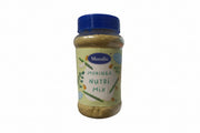 A plastic jar labeled 'Moringa Nutri Mix' by Muralis, with a blue lid and a label showing an illustration of moringa leaves and fruits.