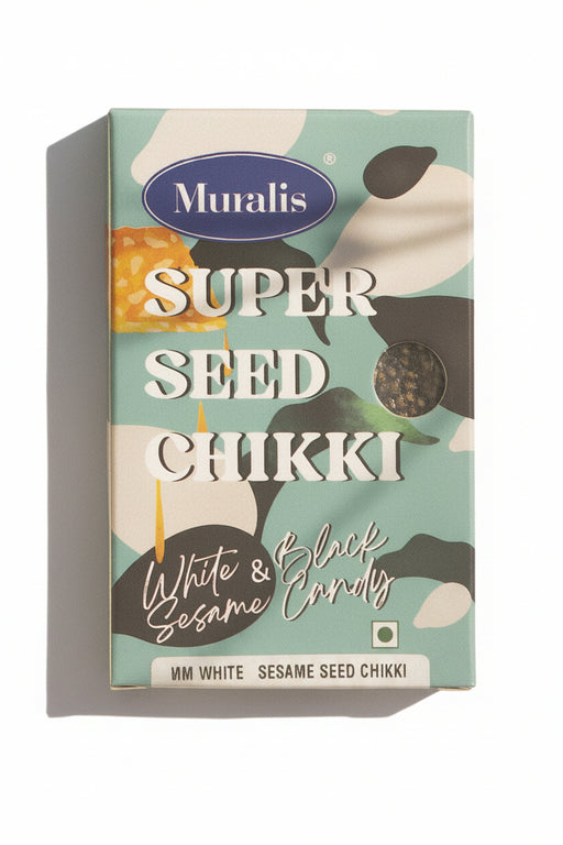 White Sesame Seed Chikki box with sesame candy design and visible seed chikki