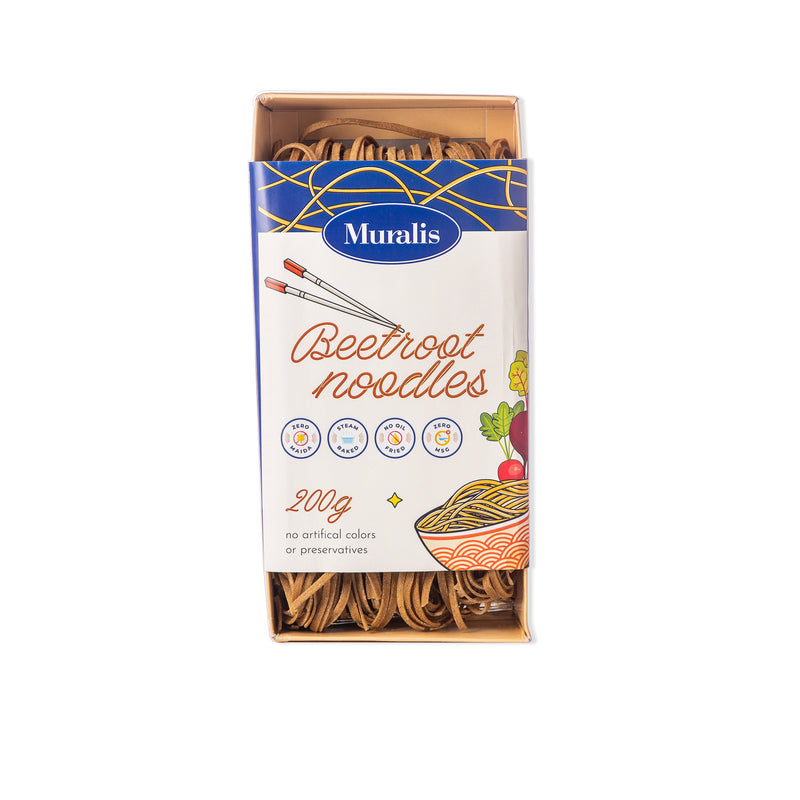Beetroot Wheat Noodles packet with long beetroot noodles visible through the open front packaging