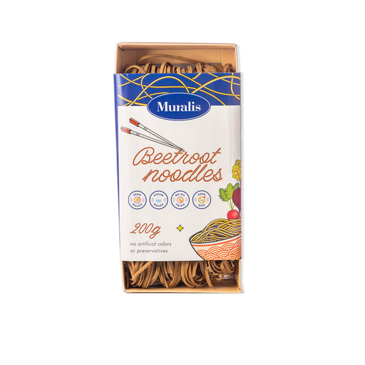 Beetroot Wheat Noodles packet with long beetroot noodles visible through the open front packaging