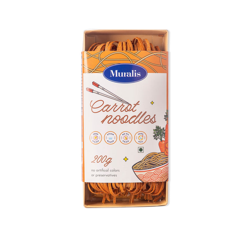 Carrot Wheat Noodles packet with orange carrot noodles visible through the open front packaging