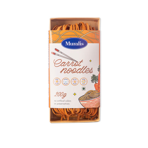 Carrot Wheat Noodles packet with orange carrot noodles visible through the open front packaging
