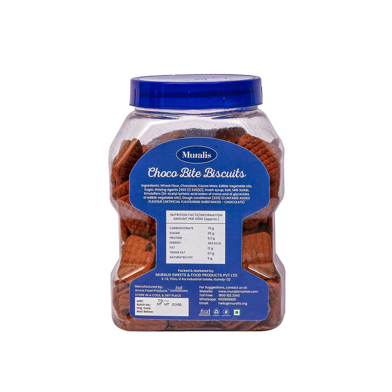 Back label of Choco Bite Biscuits jar showing ingredients, nutrition information, manufacturing details, and product information