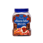 A jar of Muralis Choco Bite Biscuits, with visible chocolate chip cookies inside the clear jar.