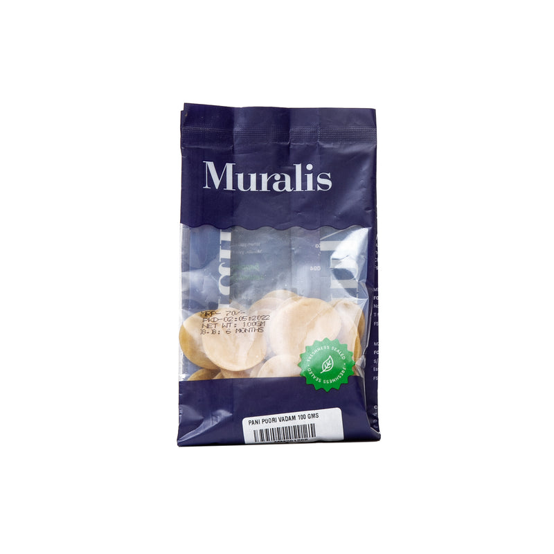 Pani Poori Vadam ready to fry round pieces in a transparent pouch with dark blue packaging