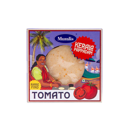 Tomato Pappadam box with traditional Kerala artwork tomato illustration and pappadam visible through the front window
